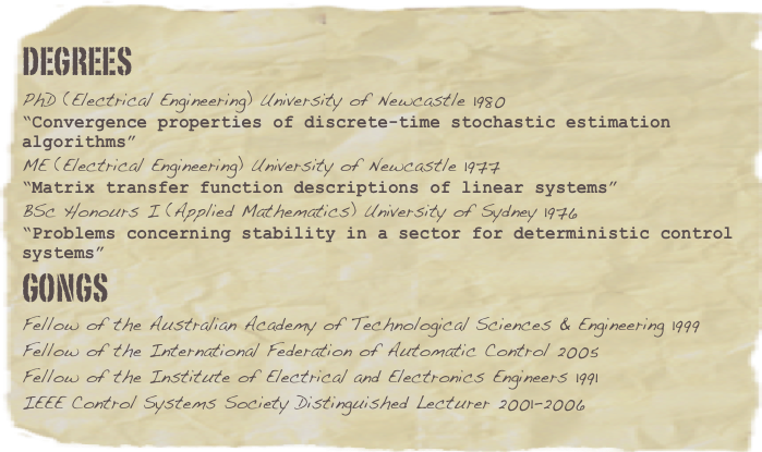 Degrees
PhD (Electrical Engineering) University of Newcastle 1980
“Convergence properties of discrete-time stochastic estimation algorithms”
ME (Electrical Engineering) University of Newcastle 1977
“Matrix transfer function descriptions of linear systems”
BSc Honours I (Applied Mathematics) University of Sydney 1976
“Problems concerning stability in a sector for deterministic control systems”
GONGS
Fellow of the Australian Academy of Technological Sciences & Engineering 1999
Fellow of the International Federation of Automatic Control 2005
Fellow of the Institute of Electrical and Electronics Engineers 1991
IEEE Control Systems Society Distinguished Lecturer 2001-2006